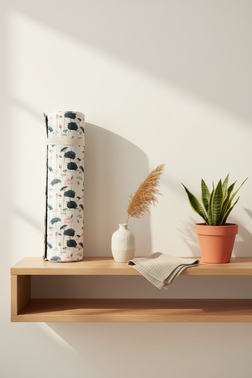 A rolled yoga mat with a whimsical animal print pattern stands on a light wood floating shelf next to a small ceramic vase with dried grass, a folded beige towel, and a potted snake plant against a warm beige wall with soft sunlight shadows.