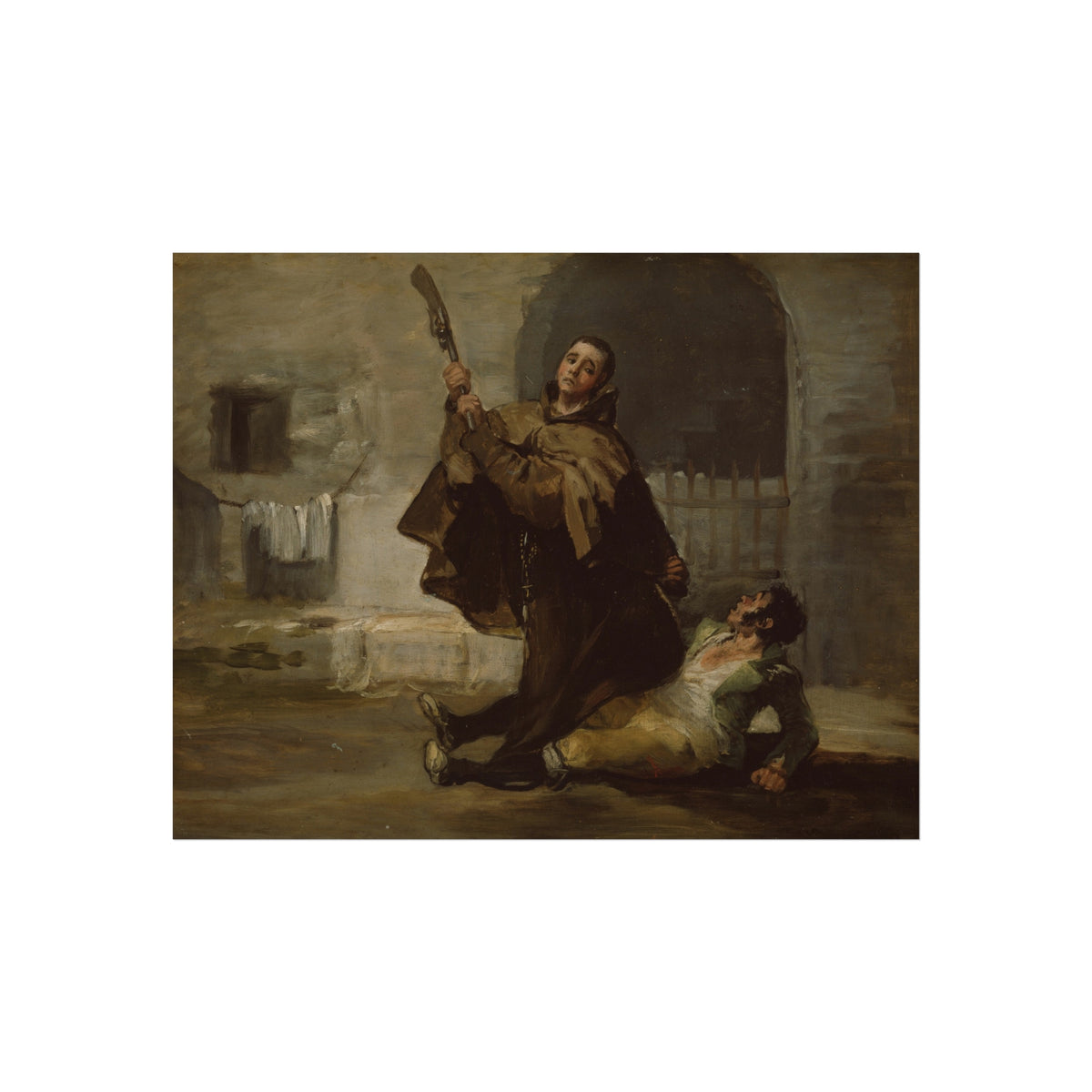 A classical painting depicting a dramatic scene inside a dimly lit stone room, with one figure standing and holding a weapon while another lies on the floor. The artwork is centered on a plain white background.