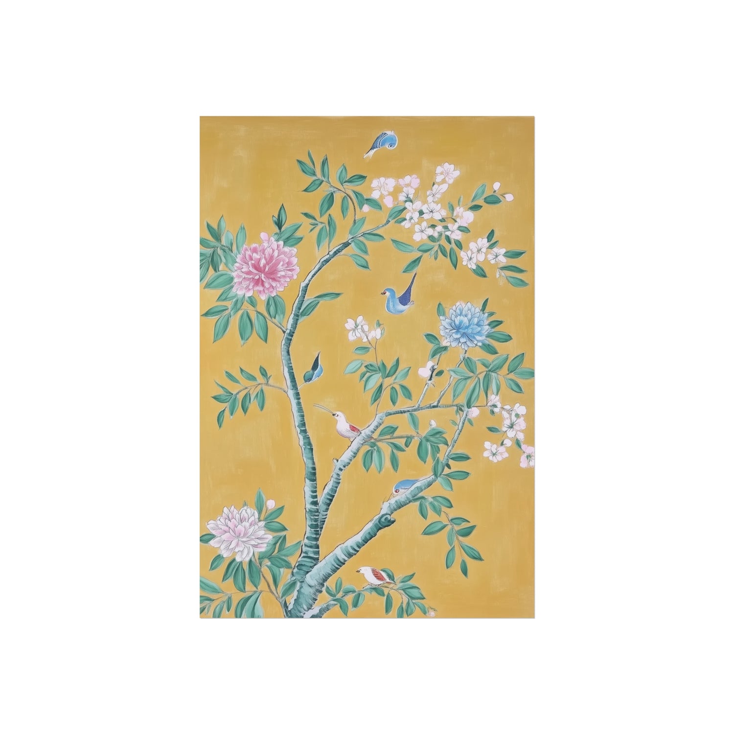 Golden Chinoiserie Birds and Floral Scene Fine Art Poster