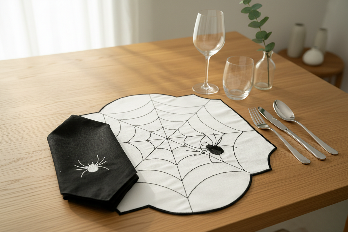 A Halloween-themed place setting on a light wood table, featuring a white scalloped placemat with a black spiderweb and spider design, a black napkin with a white spider motif, and silver cutlery with a small green leaf accent.