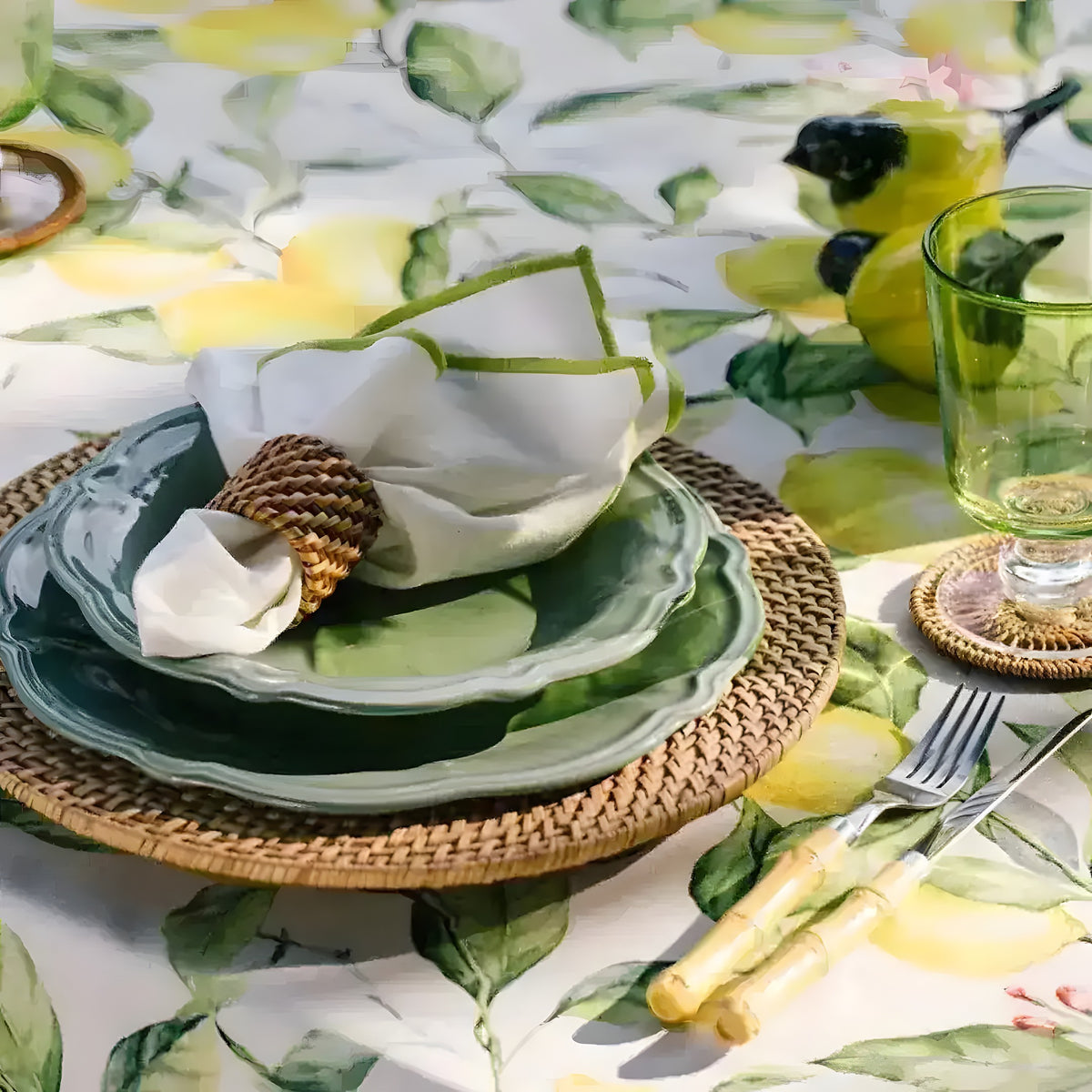 lemonade love placemat round rattan on lemon botanical tablecloth green ceramic plates white napkin green glass bamboo cutlery