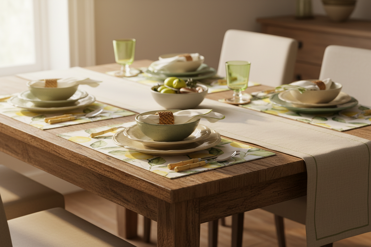 A styled dining table setting with layered ceramic plates, light green bowls, matching green drinking glasses, and leaf-patterned placemats on a wooden table with cream chairs.