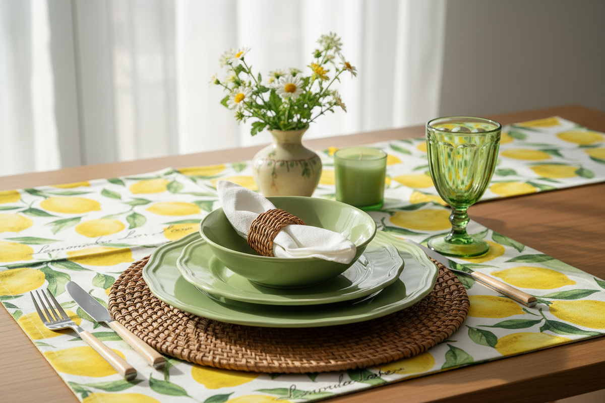 A styled dining table setting with green ceramic plates and bowls, a green ribbed glass, a yellow-and-white lemon-print placemat, a woven round placemat, silver cutlery, a small vase of daisies, and a green candle in the background.
