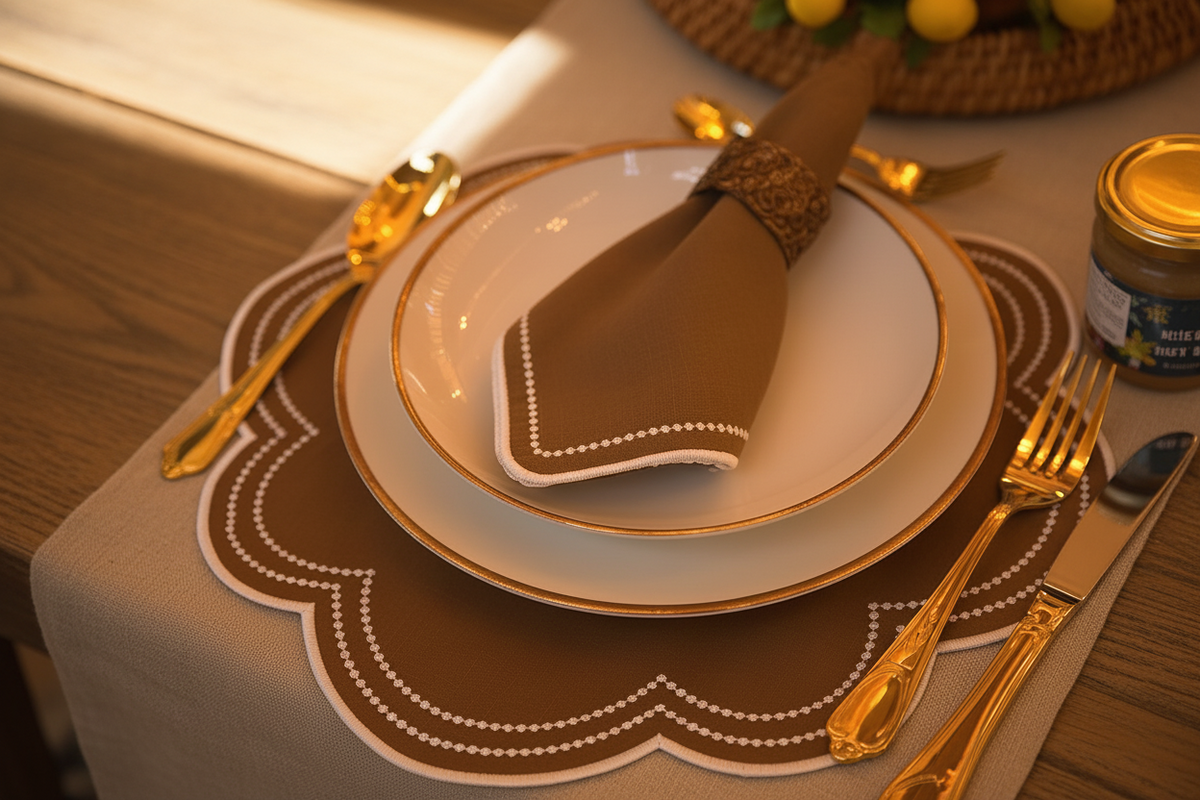 A styled table setting with stacked white plates, gold cutlery, a brown napkin with a decorative edge, and a brown placemat on a beige tablecloth. A small jar is visible at the right edge.