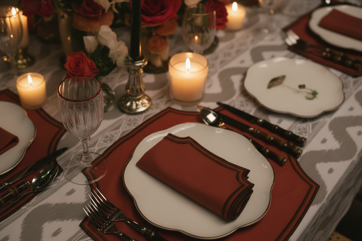 A styled dinner table setting with white plates, dark wood-handled cutlery, folded rust-red napkins, a clear wine glass, candles, and floral centerpieces in a warm indoor ambiance.