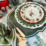 Olive Oasis Placemats olive-green scalloped-border placemat styled in festive table setting with deer china plates