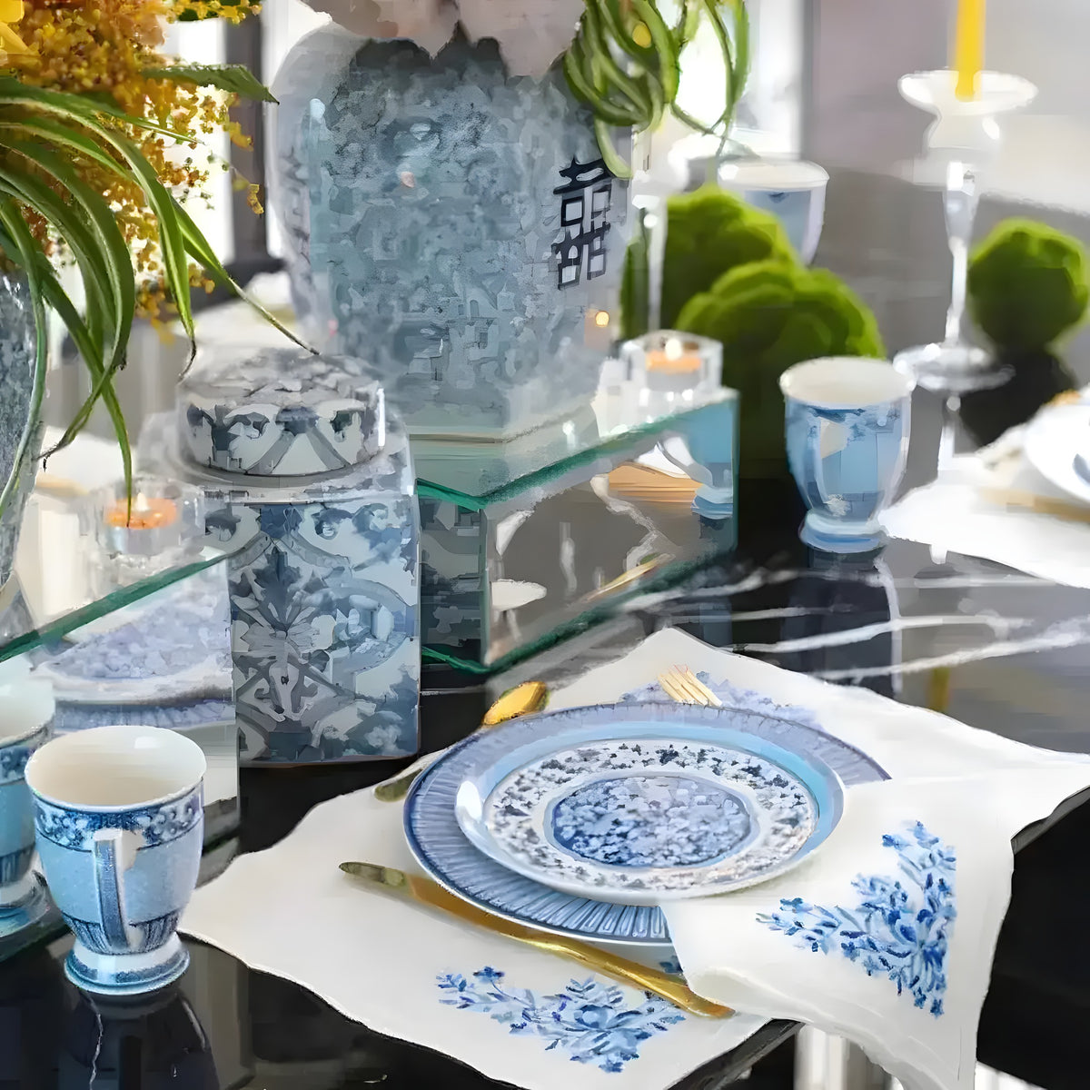 White rectangular placemat with blue wisteria floral embroidered corner motif in chinoiserie table setting