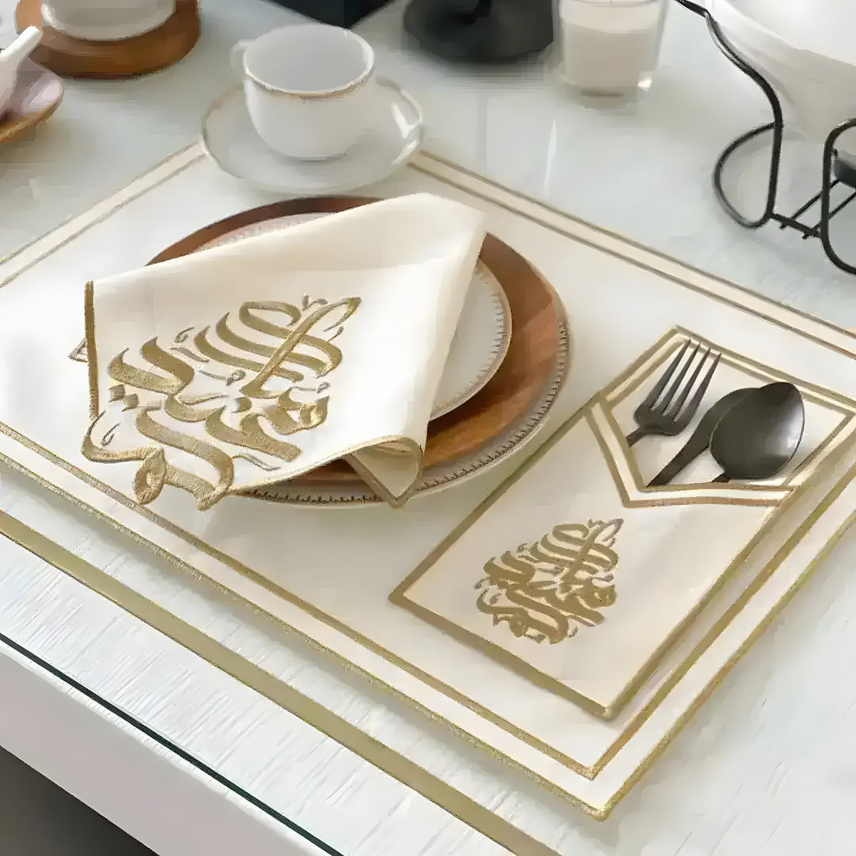 ivory rectangular Elegant Lettering Placemats with gold calligraphy embroidery and gold border, table setting with napkin