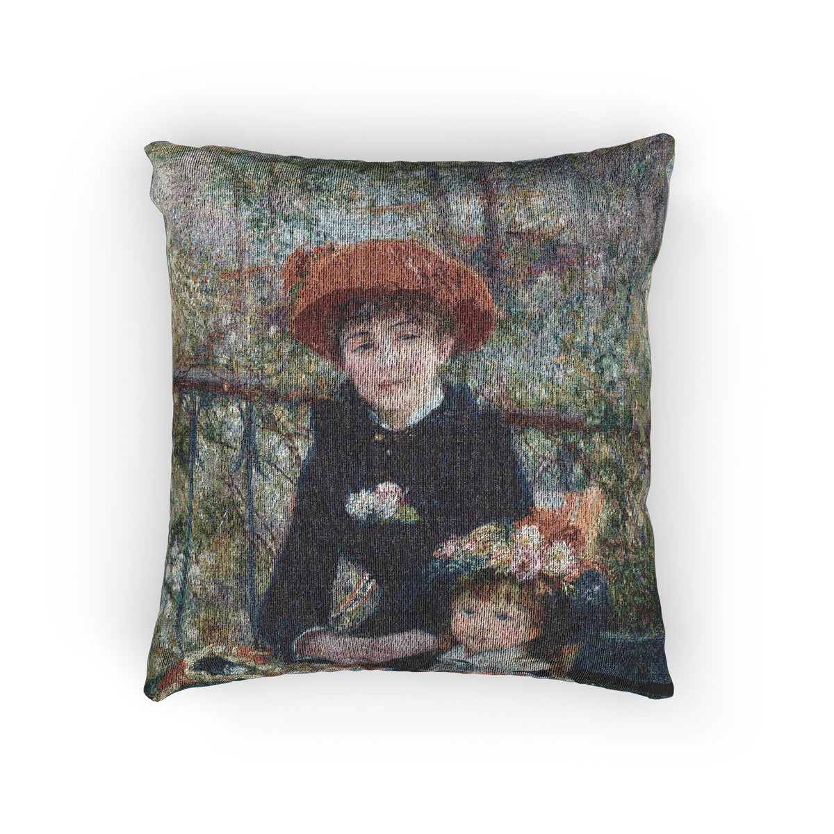 A square throw pillow featuring a printed impressionist painting of a woman in a red hat and a child, shown against a plain white background.