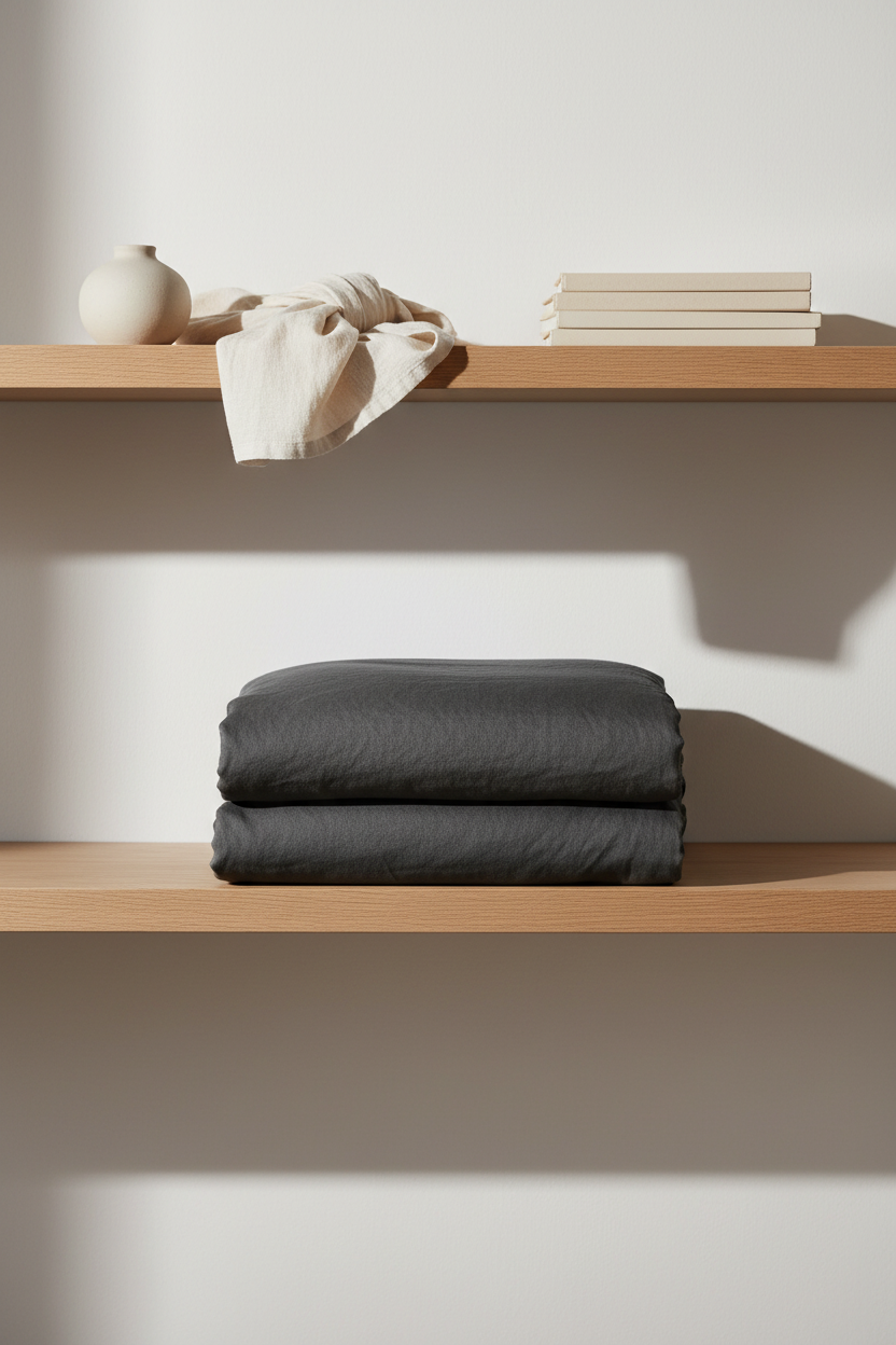 A folded dark charcoal gray bedding set, likely a duvet cover and pillowcases, is neatly stacked on a wooden shelf. Above it, a light beige linen cloth and a small ceramic vase sit on another shelf against a warm off-white wall, creating a minimalist, modern interior scene.