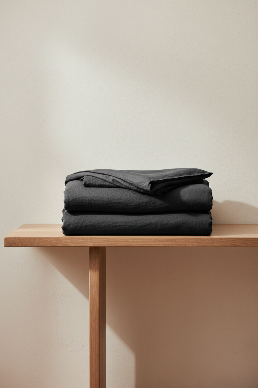 A stack of folded dark charcoal gray bedding or fabric sheets sits on a light wood table against a plain beige wall.