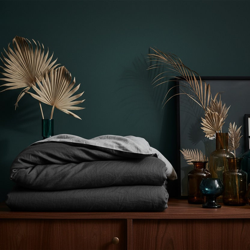 Washed Cotton/Linen Duvet Cover Set - Charcoal Black - King Size styled in a room setting