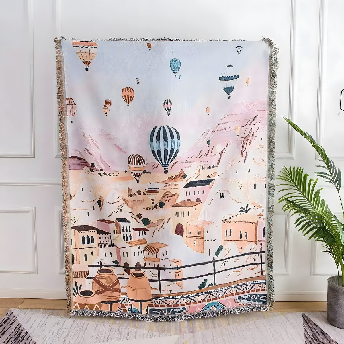Air Balloon Town Throw Blanket