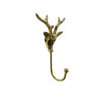 polished gold brass Gold Deer Head Wall Hook with antler top and curved hook, front view on white background