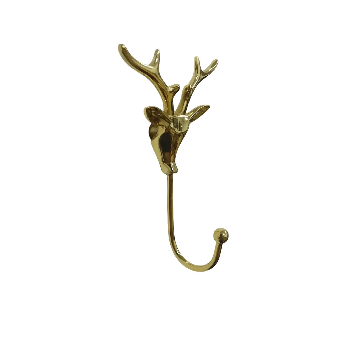polished gold brass Gold Deer Head Wall Hook with antler top and curved hook, front view on white background