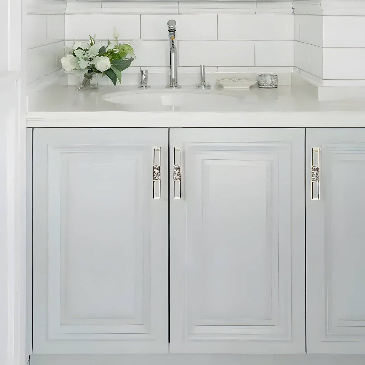 Timeless Glam Shell Cabinet Knobs crystal-embellished silver bar pulls on gray paneled bathroom vanity cabinet