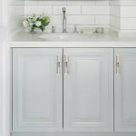 Timeless Glam Shell Cabinet Knobs crystal-embellished silver bar pulls on gray paneled bathroom vanity cabinet