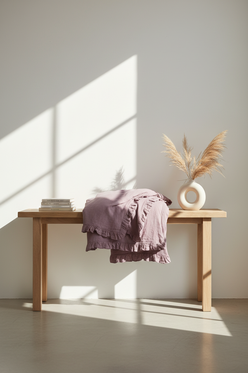 A light wood bench in a minimalist room with warm sunlight casting shadows. A dusty mauve-lavender ruffled throw blanket is draped over the center of the bench, with a small stack of books on the left and a white ceramic vase with dried pampas grass on the right.
