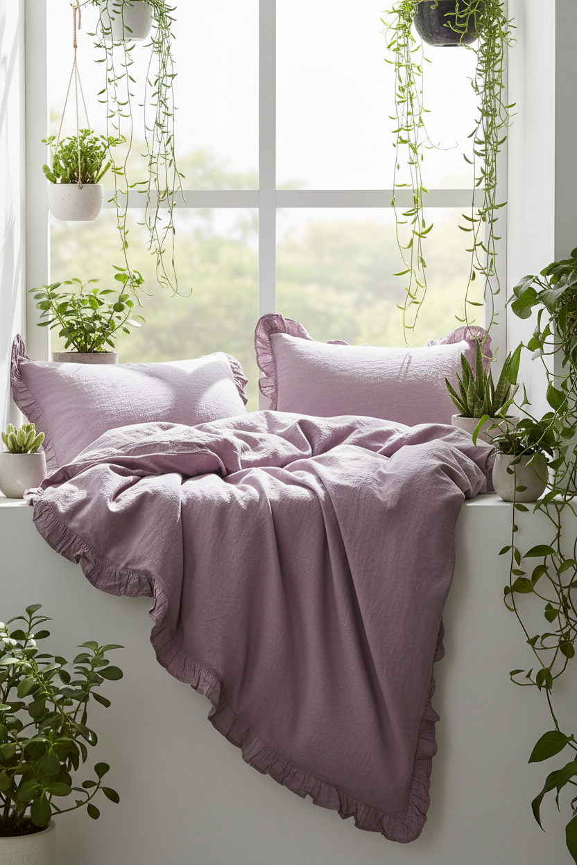 A bed dressed in dusty lavender bedding with ruffled edges and matching pillows, styled in a bright room by a window with hanging green plants.