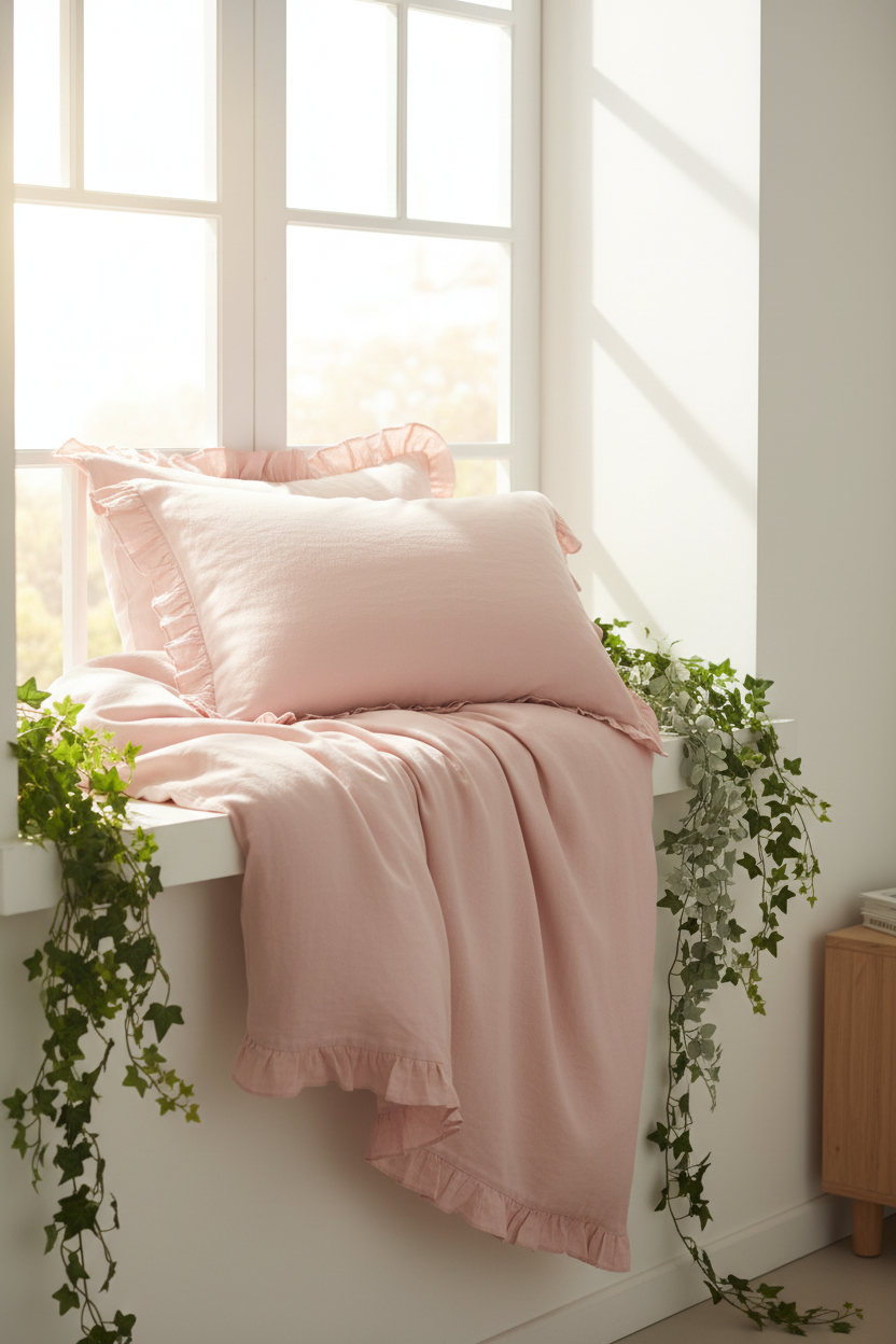 A soft blush pink bedding set with matching pillowcases and a ruffled blanket draped over a white window seat, surrounded by green trailing ivy in a bright, sunlit room.
