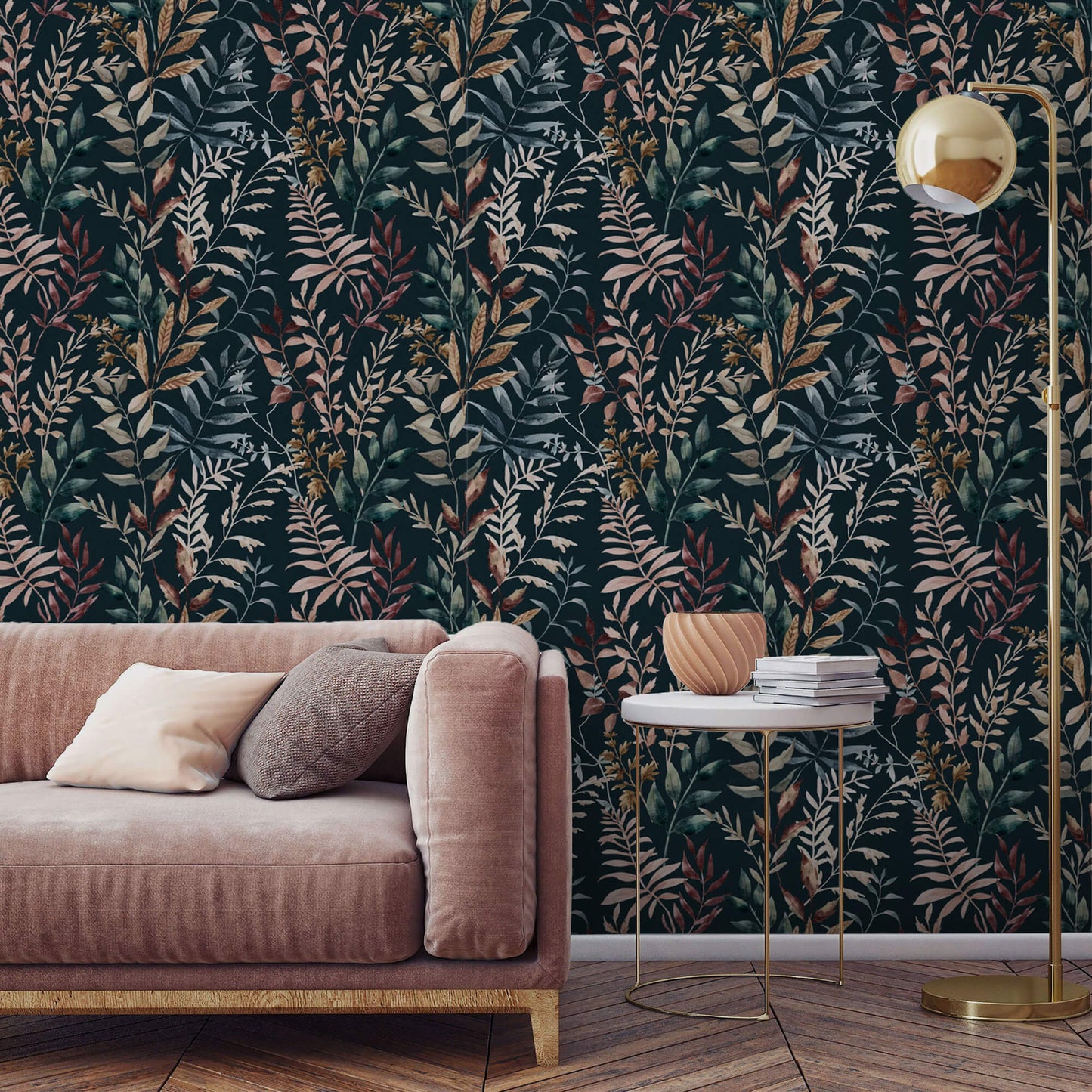 Midnight Botanical Haven Wallpaper: Immerse yourself in a world of nocturnal enchantment with this captivating design, showcasing lush botanicals against a midnight backdrop, perfect for creating a serene and elegant ambiance in any space.