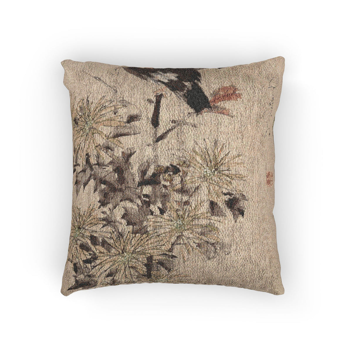 046_crested-myna-birds-and-chrysanthemums | Woven Pillow - MAIA HOMES