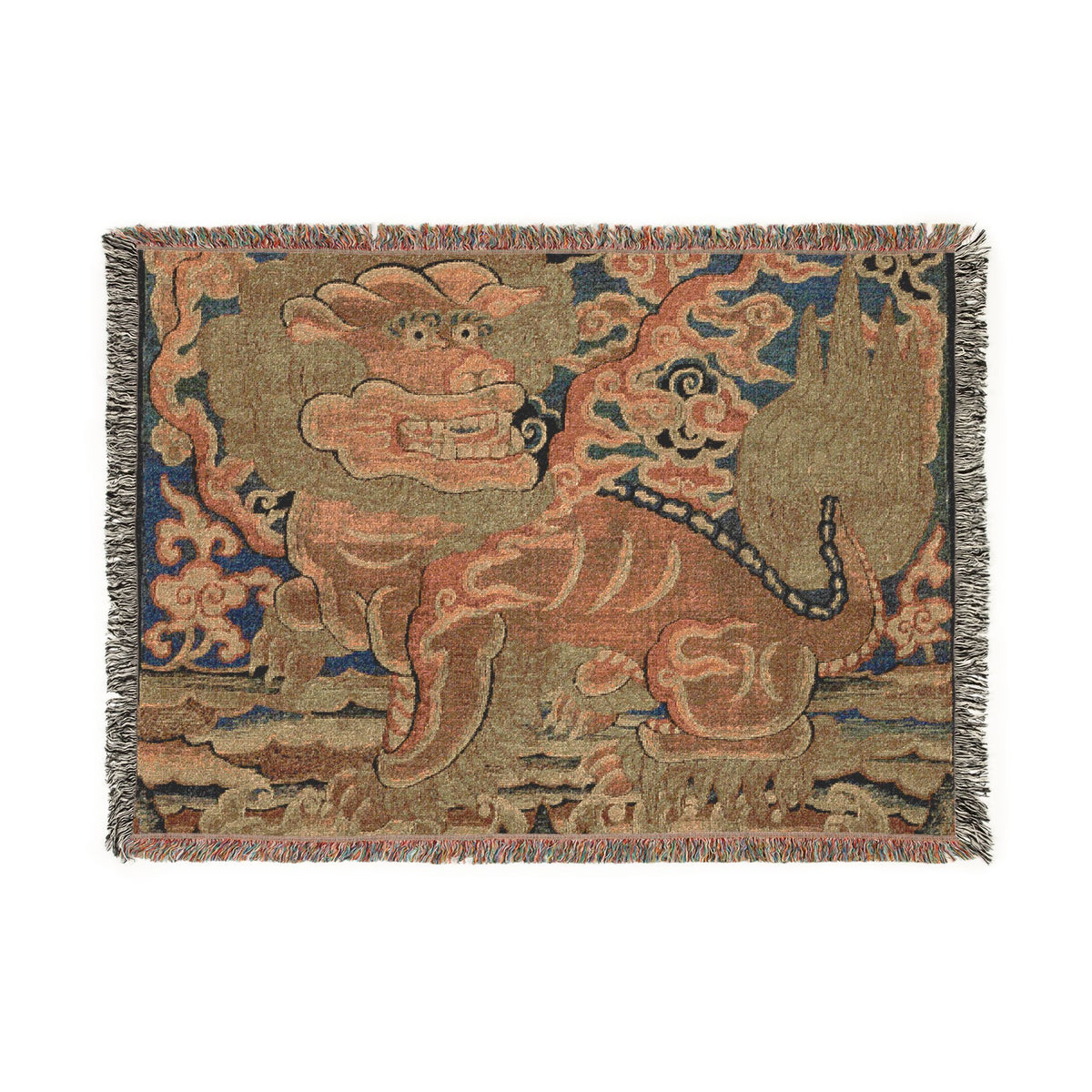 A square woven rug with fringe on all sides, featuring a stylized lion or dragon motif in muted orange, beige, and blue tones on a white background.