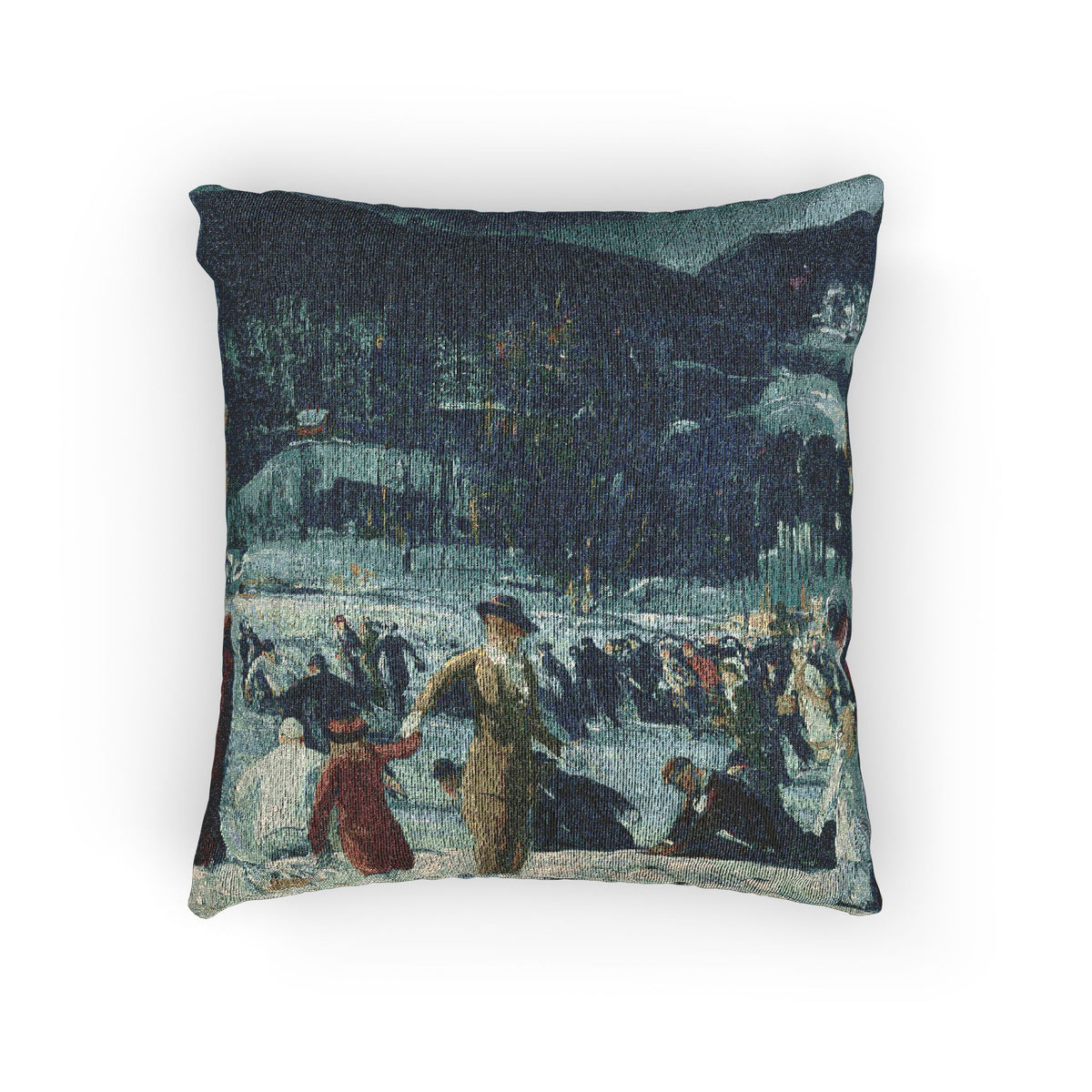 A square decorative throw pillow featuring a printed textile design of a snowy outdoor scene with people, shown against a plain white background.