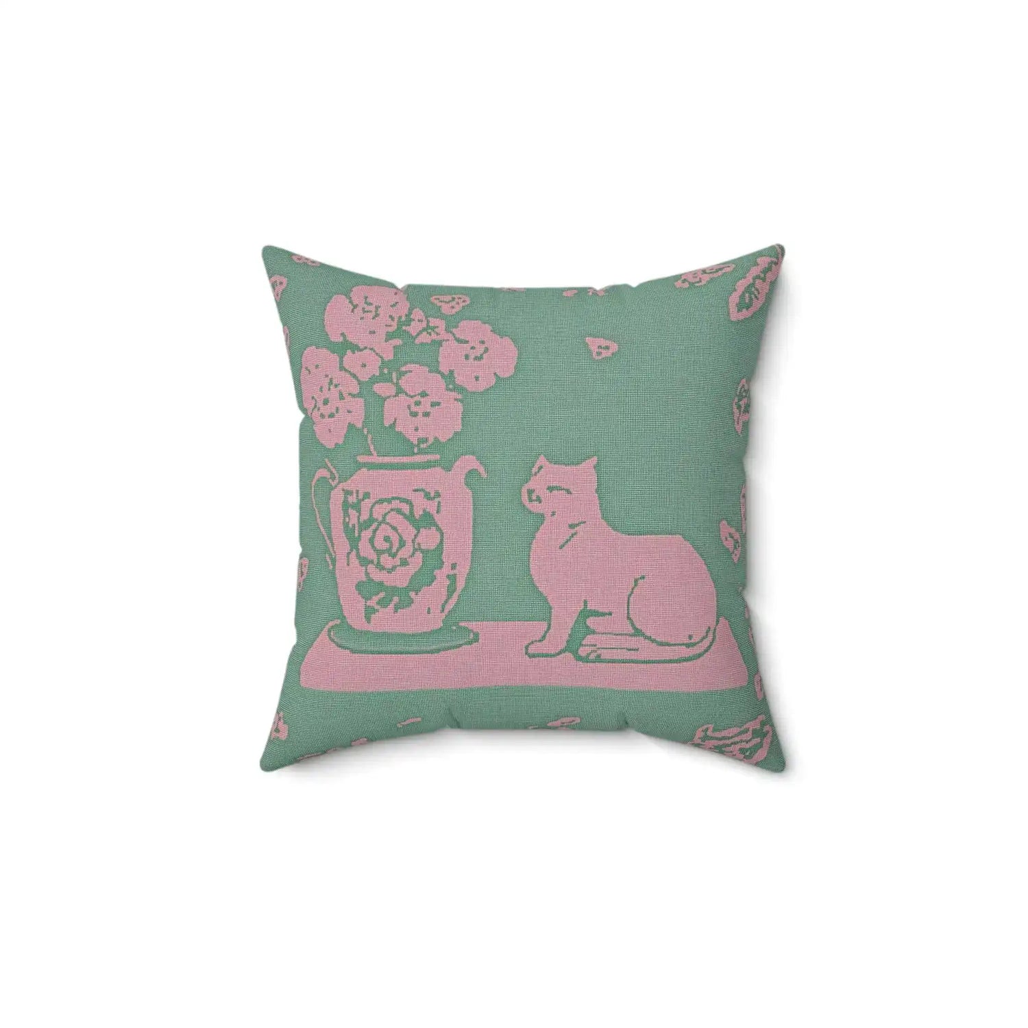 Pastel Cat and Floral Vase Throw Pillow