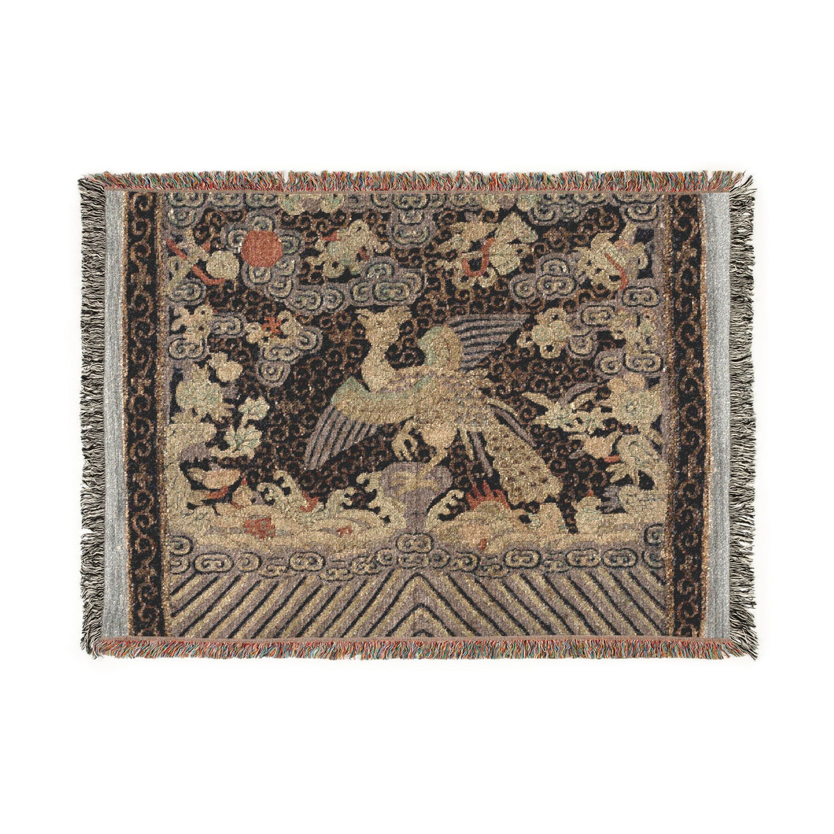 A square woven rug with fringe on all sides, featuring a central phoenix motif in beige and cream tones against a dark brown background with cloud and wave patterns.