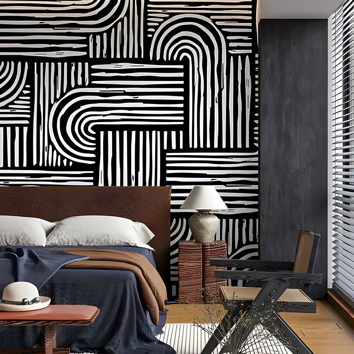Modern bedroom with abstract black and white wall pattern