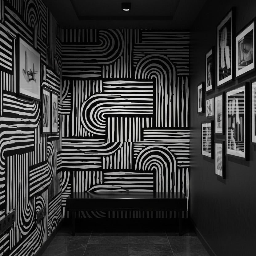 Black & Bold Bends Art Deco Wallpaper styled in a room setting