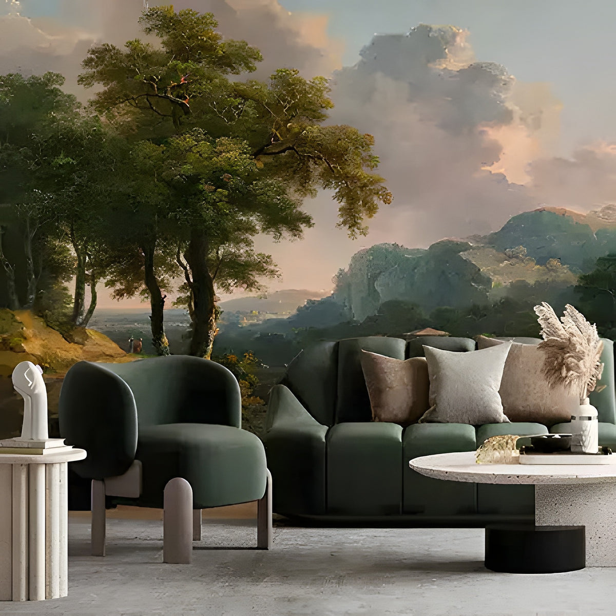 Modern green sofa set in a room with a scenic wall mural of trees and mountains.