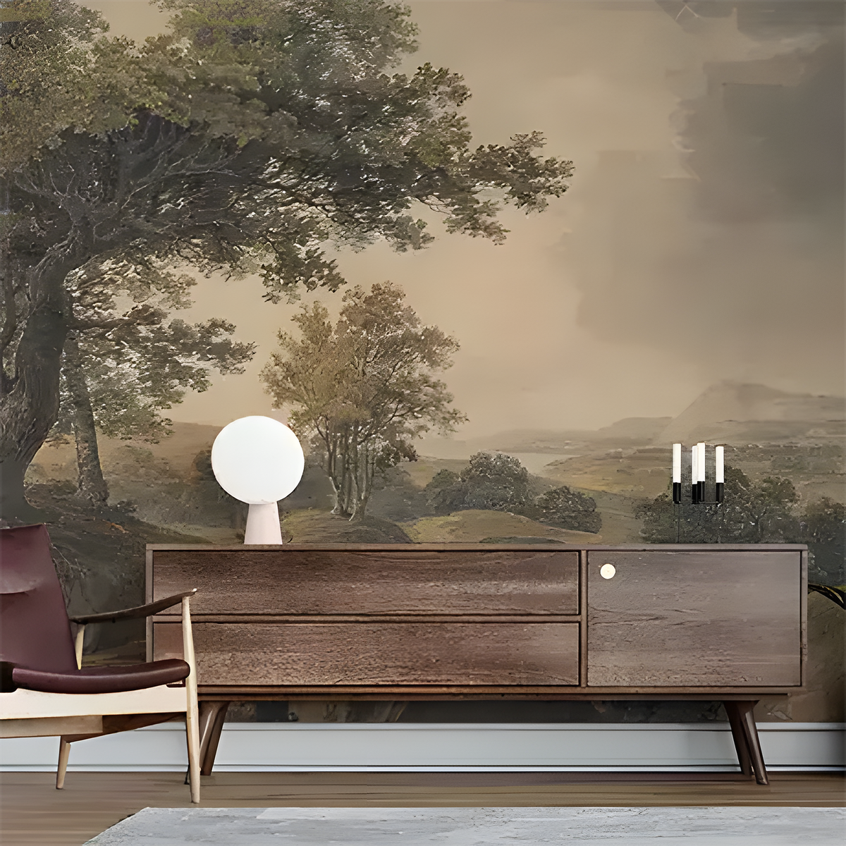 Wooden sideboard in a room with a scenic wall mural
