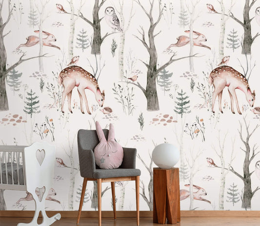 Enchanted Forest Friends Wallpaper: Transform your space into a magical woodland adventure with this delightful design, featuring whimsical forest creatures amidst an enchanting forest backdrop.