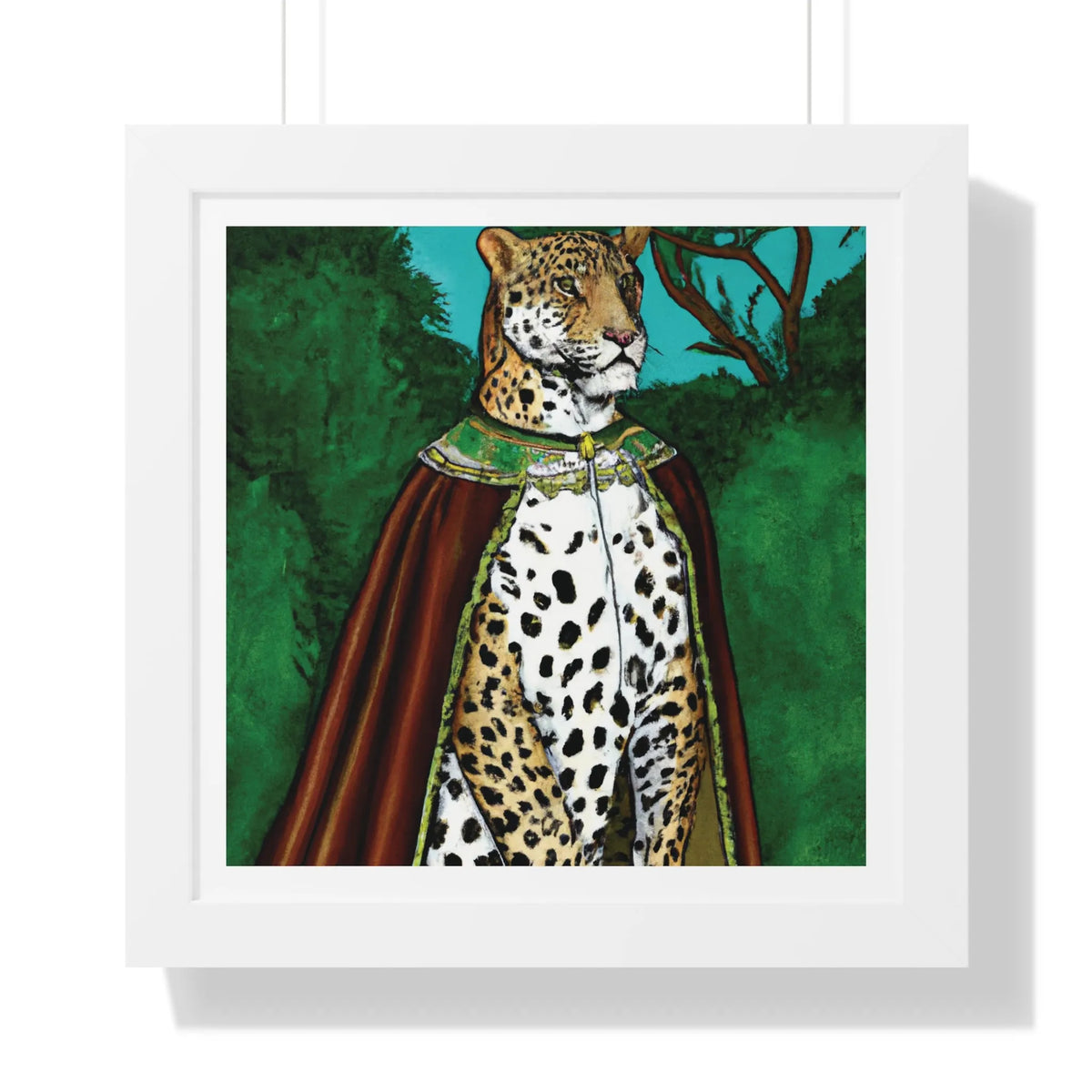 Leopard in Red Robe Framed Poster Wall Art 16″ x 16″ White