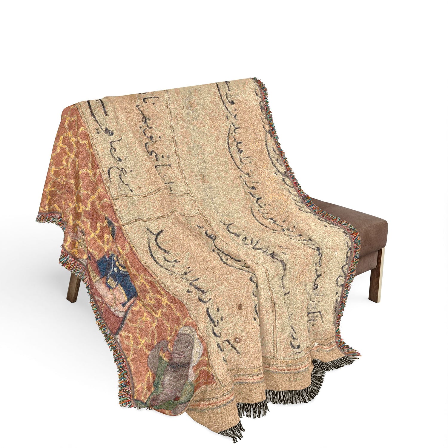 The bird of seven colors brings a sable to the pious man, from a Tuti-nama (Tales of a Parrot): Fifty-second Night Woven Throw Blanket