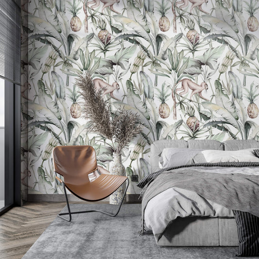 Watercolor Tropical Jungle Delight Wallpaper: Immerse yourself in the vibrant beauty of the tropics with this enchanting design, featuring lush jungle foliage painted in soothing watercolor hues