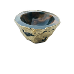 Earth blue agate geode jewelry bowl front view, deep dark blue natural stone interior with rough gold-plated exterior