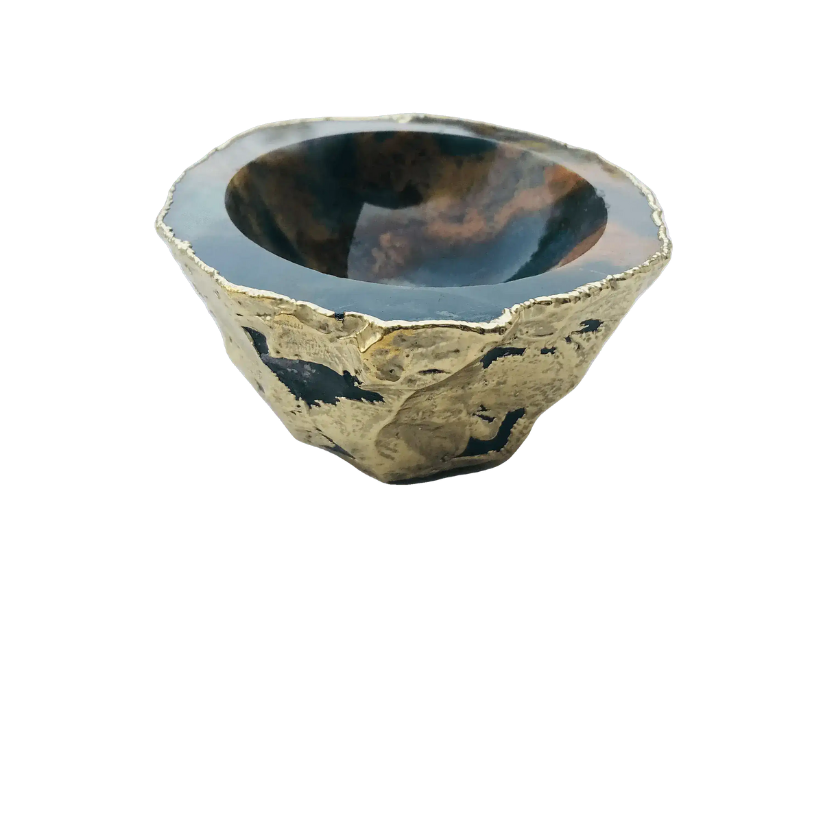 Earth blue agate geode jewelry bowl front view, deep dark blue natural stone interior with rough gold-plated exterior