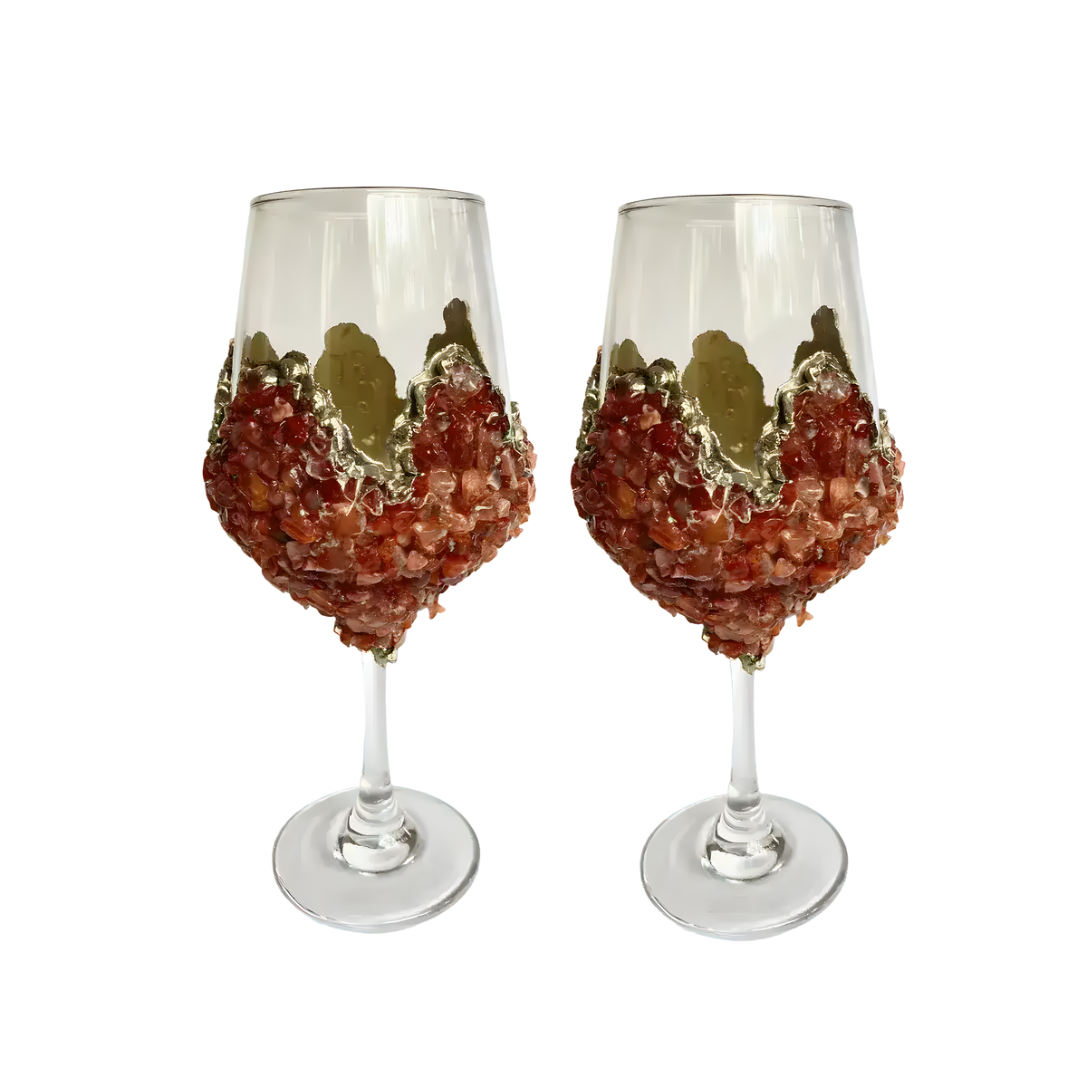 Pair of red quartz wine glasses, clear stemware, ruby-red quartz chips covering lower bowl, gold rim accent