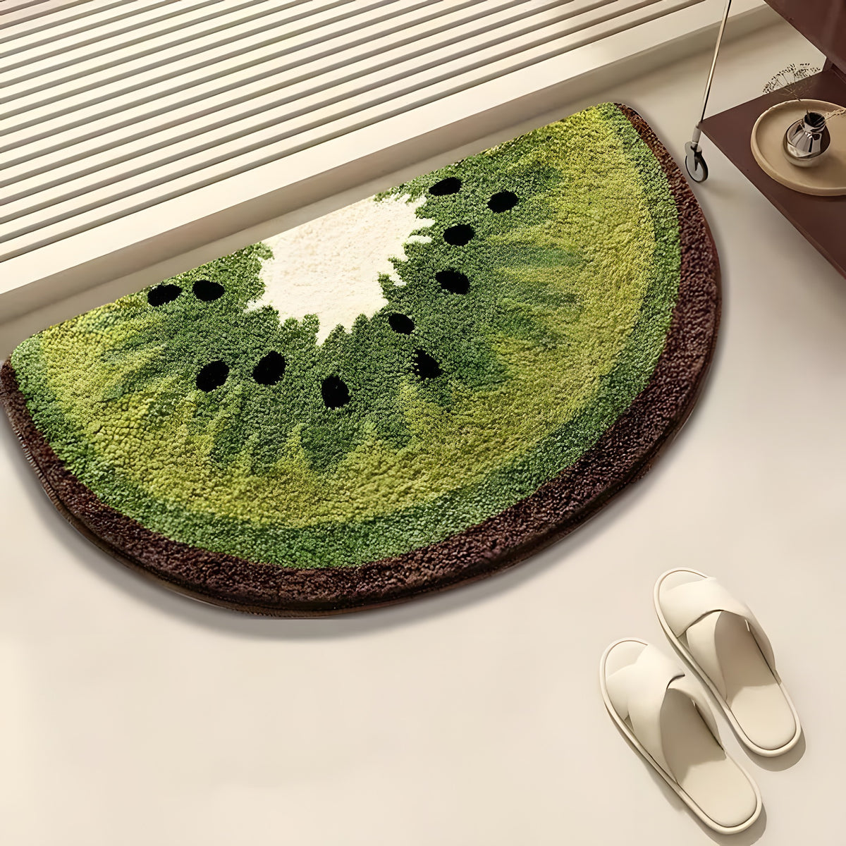 Semi-circle doormat shaped like a kiwi fruit on a light surface with white slippers nearby.