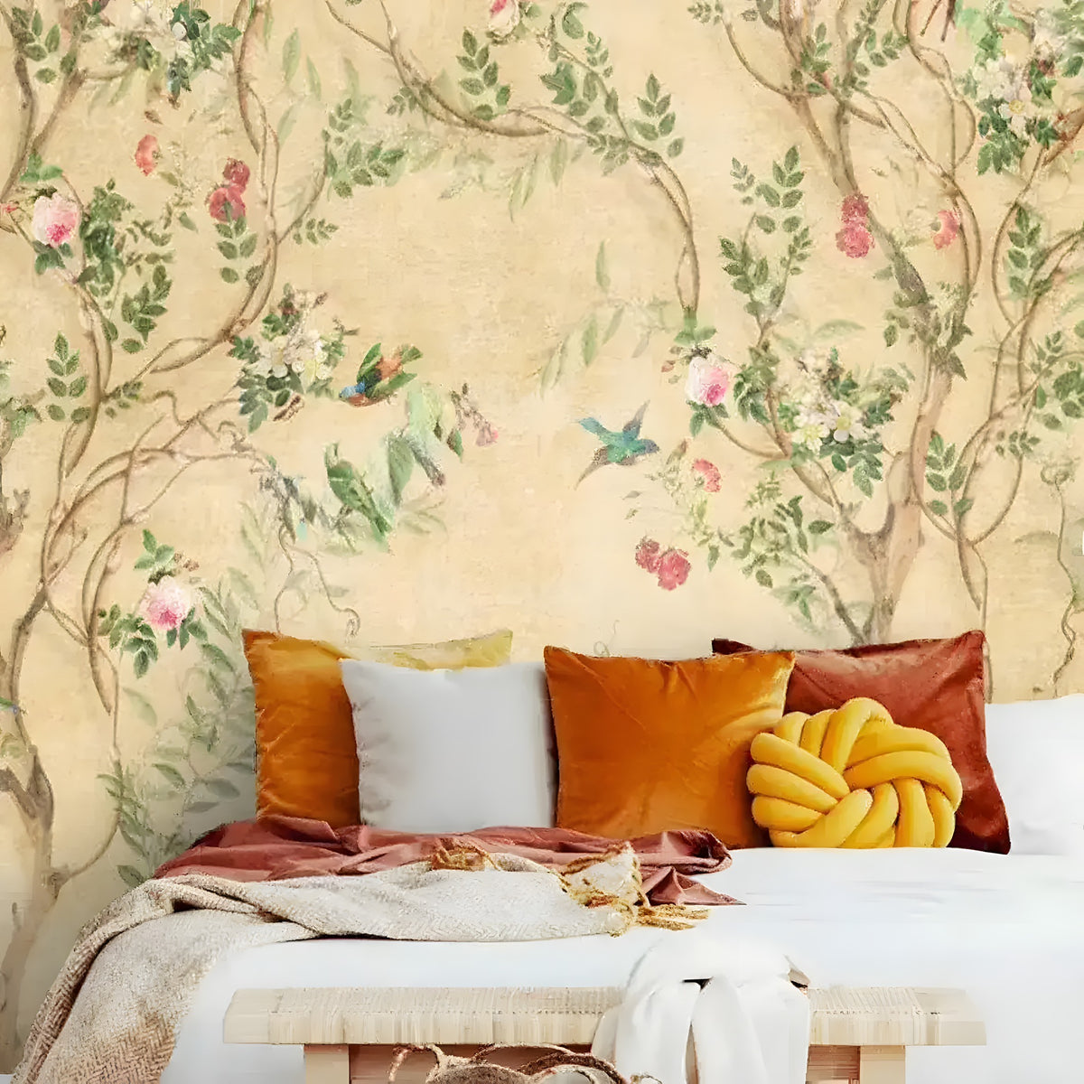 Chinoiserie tree mural with birds, pink roses and vines on cream above a bed