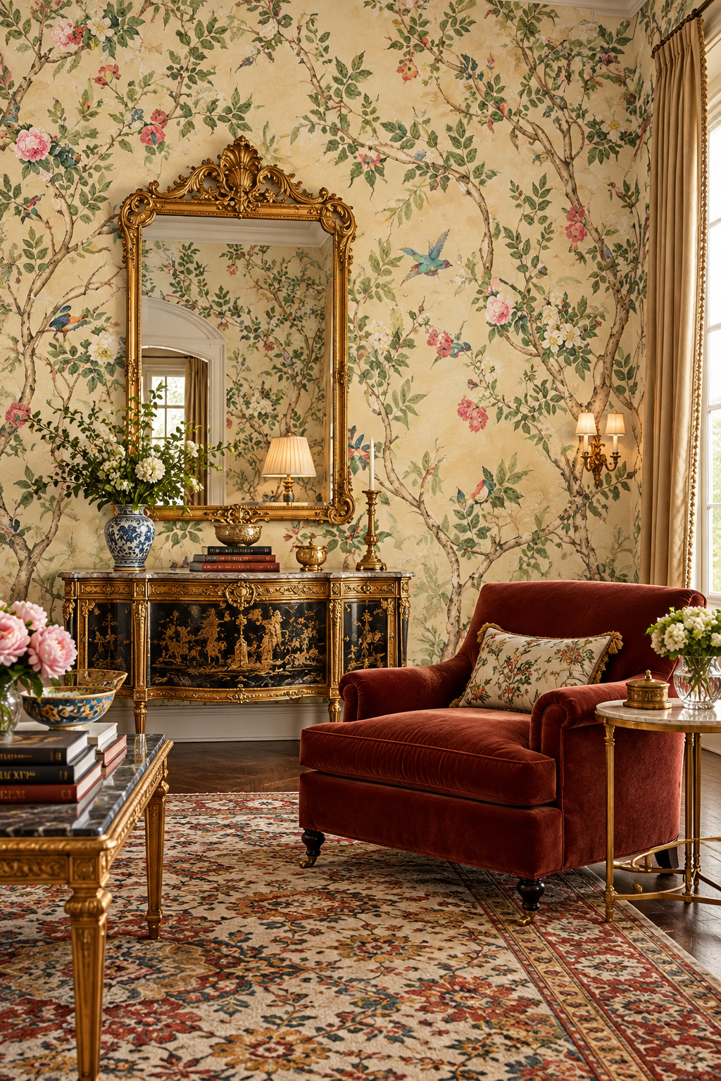 Birds and Tree Traditional Chinoiserie Wallpaper Mural 105" W x 96" H Traditional