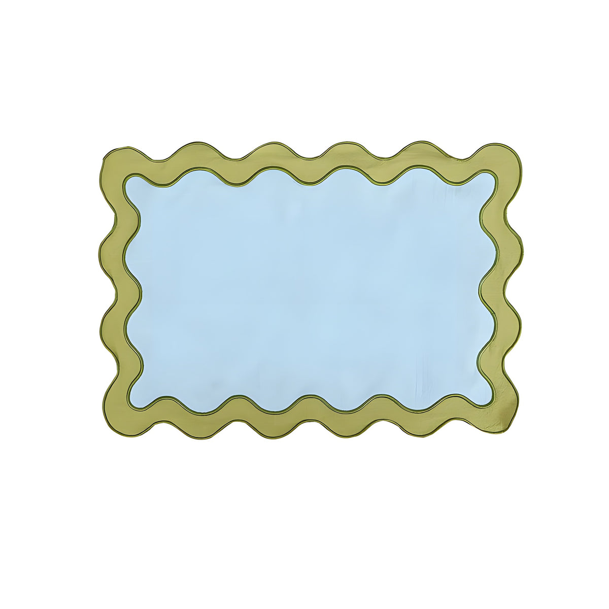 Rectangular blue placemat with wavy green border on a white background