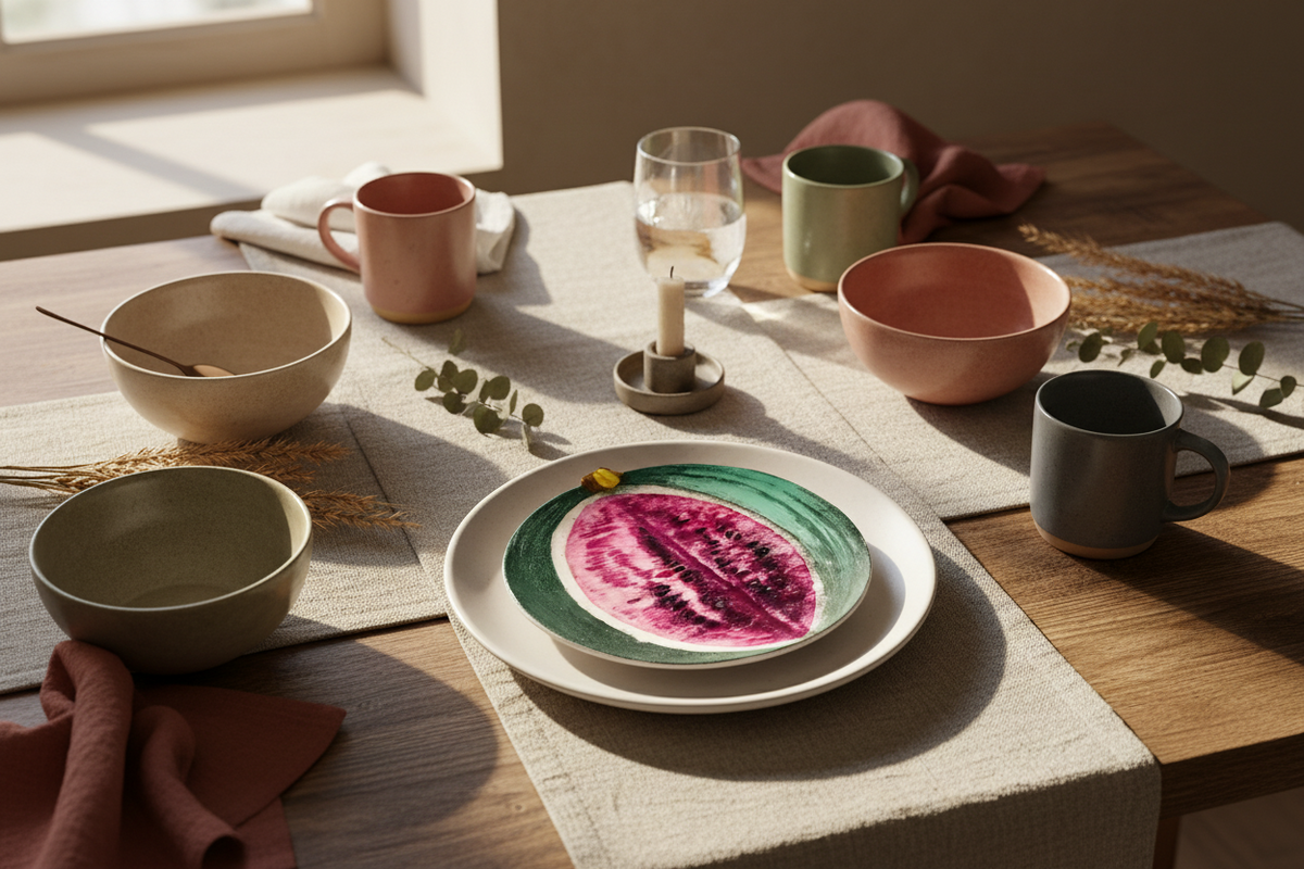 A styled dining table setting with ceramic bowls, mugs, and plates in earthy tones, including a central plate with a watermelon illustration. The scene is lit by warm natural sunlight from a window, with a beige tablecloth, linen napkins, and dried wheat sprigs.