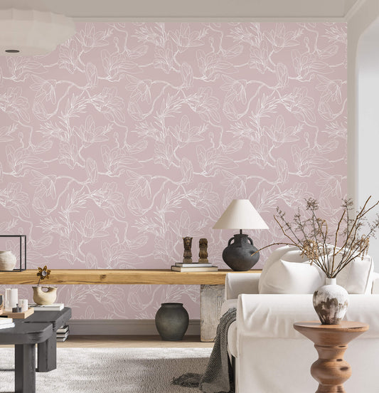 Pink Floral Sketch Wallpaper: Embrace artistic elegance with this charming design, featuring delicate floral sketches in soft pink tones, adding a touch of whimsy and romance to any room.