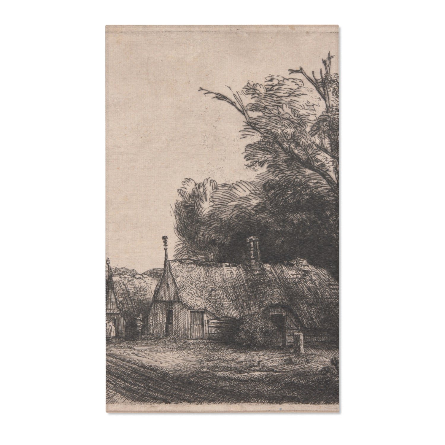 Landscape with Three Gabled Cottages beside a Road - Rembrandt van Rijn Area Rug