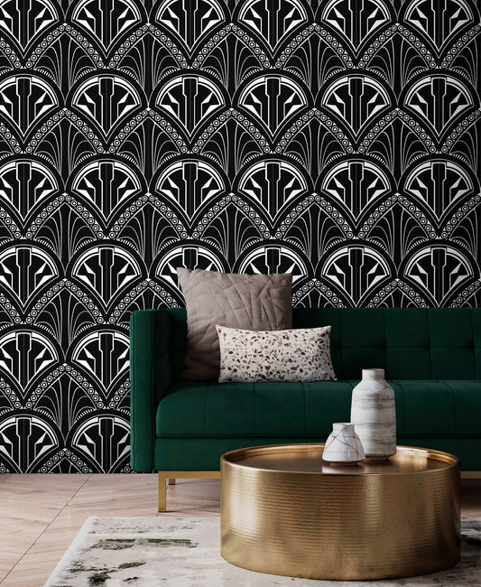 Monochrome Deco Floral Wallpaper: Merge timeless elegance with modern sophistication through this exquisite design, showcasing intricate floral patterns in monochrome tones reminiscent of Art Deco motifs, perfect for adding a touch of refined luxury to any space.