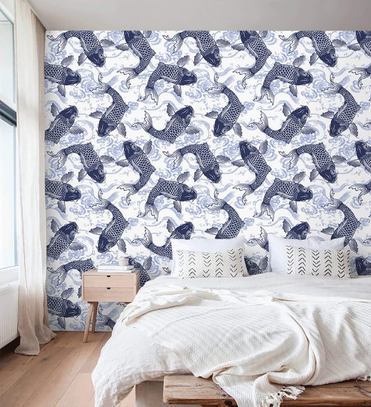 Koi Pond Serenity Wallpaper: Transform your space into a serene oasis with this enchanting design, featuring graceful koi fish swimming amidst tranquil waters and lush foliage, evoking a sense of peace and harmony.